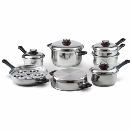 Maxam 9-Element Waterless Cookware Set Durable Stainless Steel Construction, 17 Pieces Perspective: front