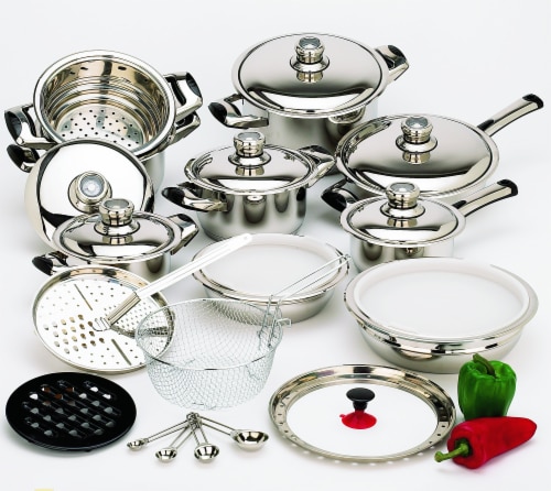 28 Piece 12-Element High-Quality Heavy-Gauge Stainless Steel Cookware Set Perspective: front