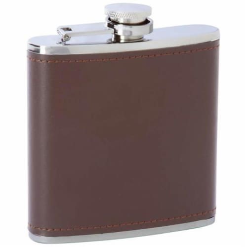 Maxam 6oz Stainless Steel Flask With Brown Genuine Leather Wrap Perspective: front