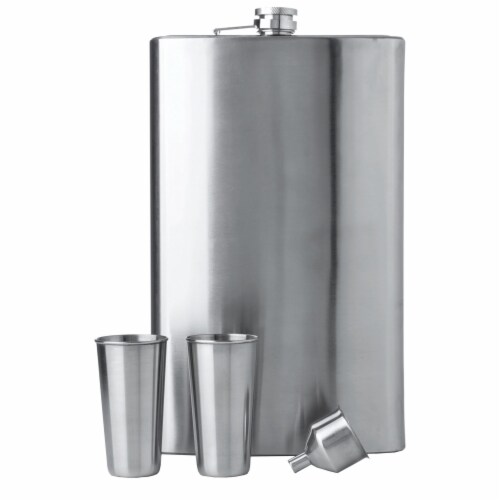 Maxam 4 Piece "Giant Shot" Stainless Steel Flask Set 64 Ounces with Shot Glasses Perspective: front