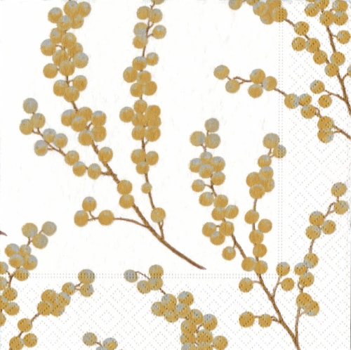 Caspari Berry Branches Paper Cocktail Napkins - White/Gold Perspective: front