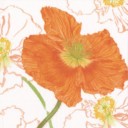 Caspari Poppy Field Paper Napkins - White/Green/Orange Perspective: front