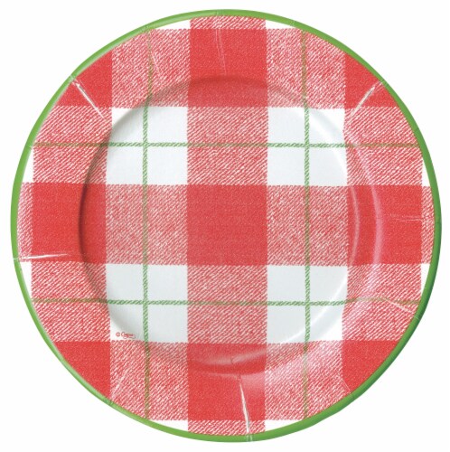 Caspari Plaid Check Paper Plates - Red Perspective: front