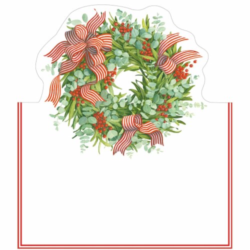 Caspari® Stipped Ribbon Wreath Holiday Cards Perspective: front
