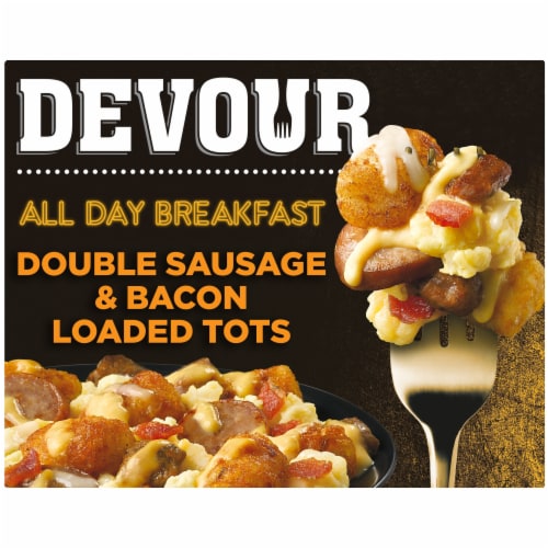 DEVOUR All Day Breakfast Double Sausage & Smoked Bacon Loaded Tater Tots Frozen Meal Perspective: front
