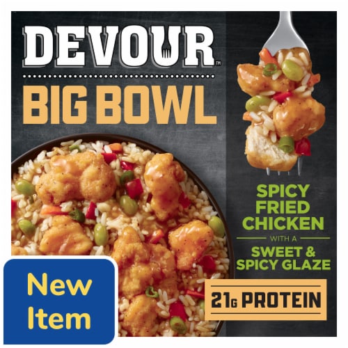 Devour Big Bowl Spicy Fried Chicken with Sweet and Spicy Glaze, Box Perspective: front