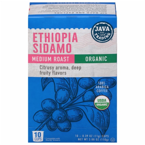 Java Trading Organic Ethiopia Sidamo Single Serve Coffee Pods Perspective: front
