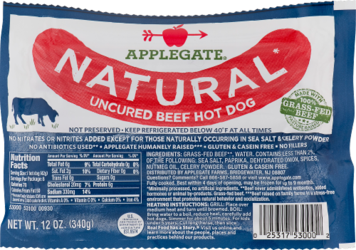 Applegate The Super Natural Uncured Beef Hot Dogs Perspective: front