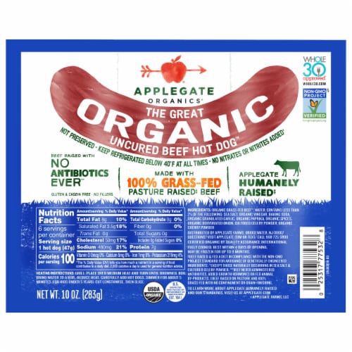 Applegate Great Organic Uncured Beef Hot Dog Perspective: front