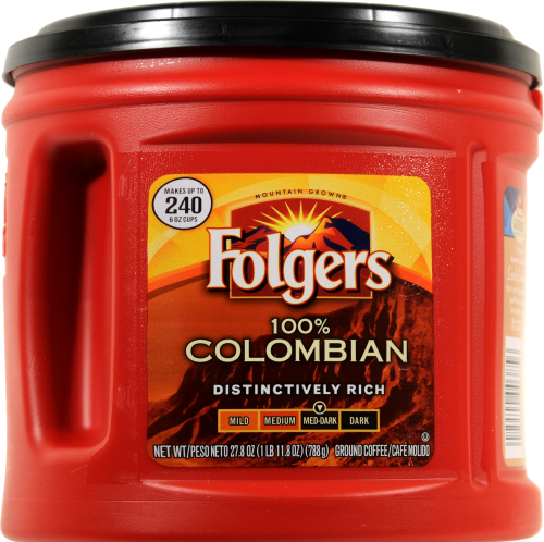 Folgers 100% Colombian Medium-Dark Roast Ground Coffee Perspective: front