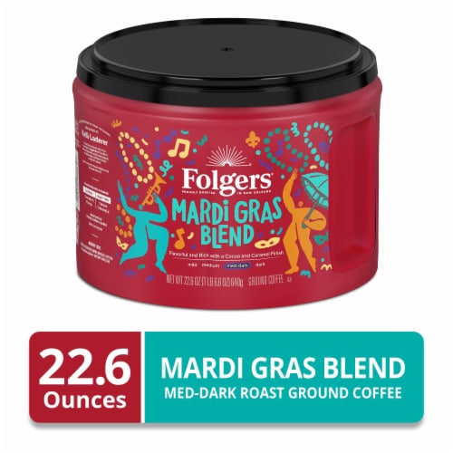 Folgers Mardi Gras Blend Ground Coffee, Medium-Dark Roast Perspective: front