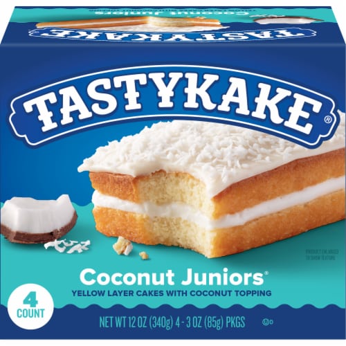 Tastykake Coconut Juniors, 4 Count, 4 Individually Wrapped Coconut Topped Snack Cakes Perspective: front
