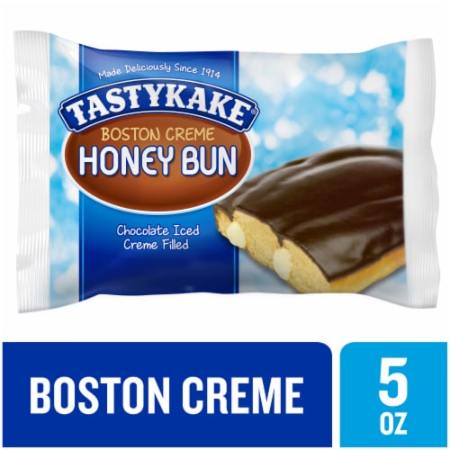Tastykake Boston Creme Honey Bun Creme Filled and Chocolate Iced Individually Wrapped Pastry Perspective: front