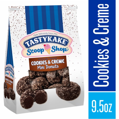 Tastykake Scoop Shop Cookies and Creme Mini Donuts Crunch Topped Chocolate Donuts Perspective: front