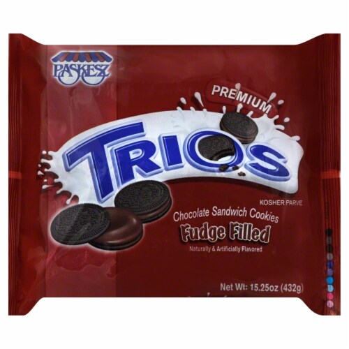 Paskesz Trios Fudge Filled Chocolate Sandwich Cookies Perspective: front