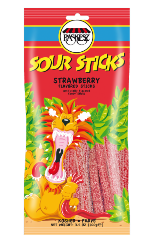 Paskesz Strawberry Flavored Sour Sticks Candy Perspective: front