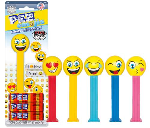 Pez Emojis Assorted Dispenser and Fruit Candy Refills Perspective: front