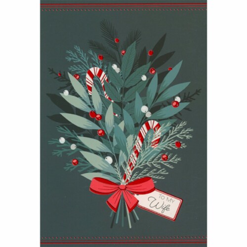 Pictura Bouquet of Blue Branches, Holly Berries, Candy Canes, Red Bow Wife Christmas Card Perspective: front