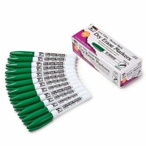 Dry Erase Markers, Pocket Style, Green, Bullet Tip, Pack of 12 Perspective: front