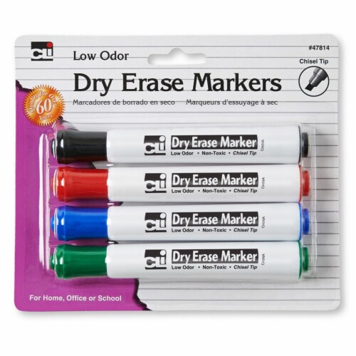 Dry Erase Markers, Barrel Style, Low Odor, Chisel Tip, Assorted Colors, Pack of 4 Perspective: front