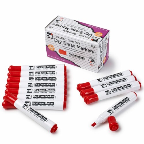Dry Erase Markers, Barrel Style, Chisel Tip, Red, Pack of 12 Perspective: front
