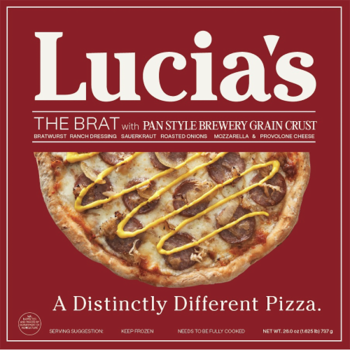 Lucia's The Brat with Pan Syle Brewery Grain Crust Pizza Perspective: front