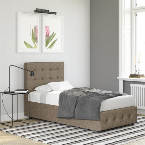 DHP Sherry Upholstered Bed in Twin Size Frame in Gray Linen Perspective: front