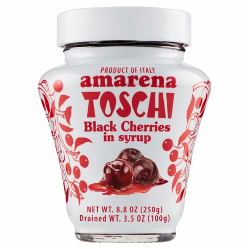 Amarena Toschi Black Cherries in Syrup Topping Perspective: front