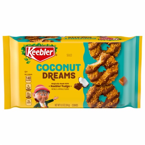 Keebler Coconut Dreams, Coconut and Caramel Cookies Coated in Keebler Fudge Perspective: front
