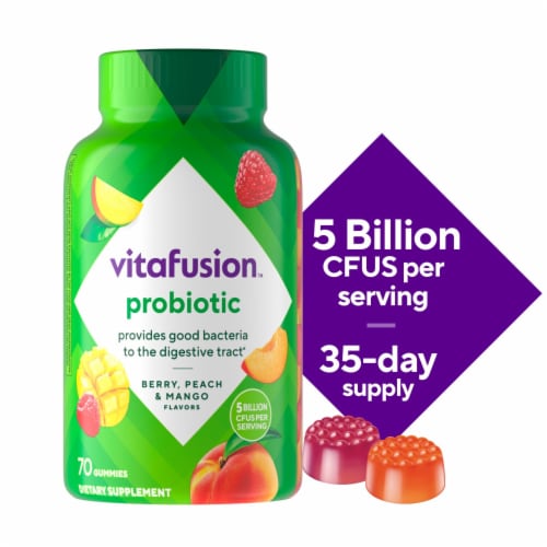 vitafusion Probiotic Raspberry Peach and Mango Flavored Gummy Supplement Perspective: front