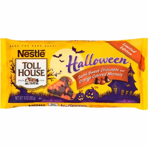 Nestle Toll House Halloween Semi-Sweet Chocolate and Orange Colored Morsels Perspective: front