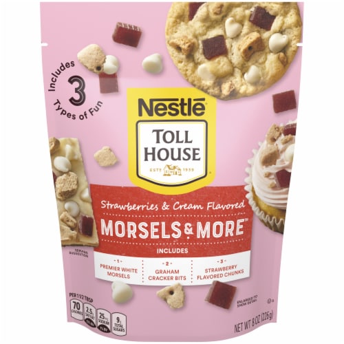 Nestle Toll House Strawberries and Cream Flavored Morsels & More with Premier White Morsels Perspective: front