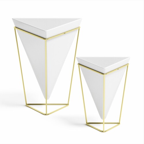 Umbra 1004372-524 Trigg Desktop Planter Vase & Geometric Container - White Ceramic & Brass - Perspective: front