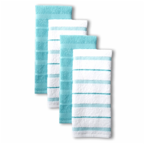 KitchenAid Albany Stripe Kitchen Towel Set - 4 Pack - Aqua / Ivory Perspective: front