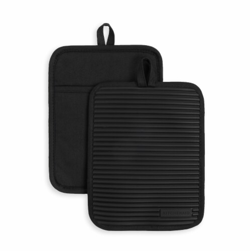 KitchenAid Ribbed Soft Silicone Pot Holder Set - 2 Pack - Black Perspective: front
