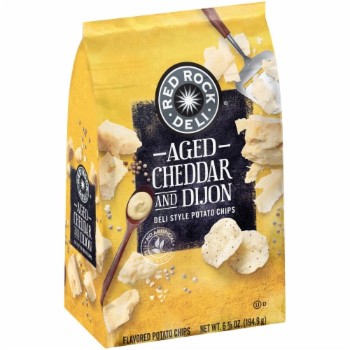 Red Rock Deli Kettle Chips Aged Cheddar and Dijon Deli Style Potato Chips Snacks Perspective: front