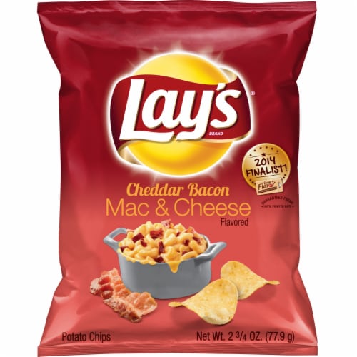 Lay's Cheddar Bacon Mac & Cheese Flavored Potato Chips Perspective: front