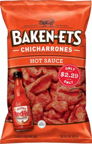 Baken-Ets Chicharrones Hot Sauce Flavored Fried Pork Skins Perspective: front