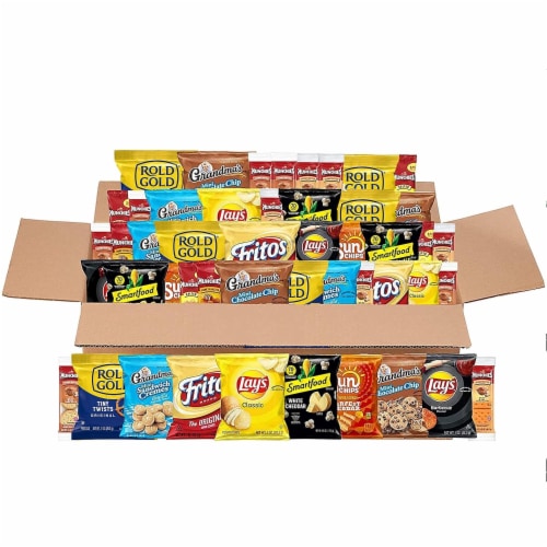 Sweet & Salty Snack Box, Variety of Cookies, Crackers, Chips & Nuts, 50 Count Pack Perspective: front