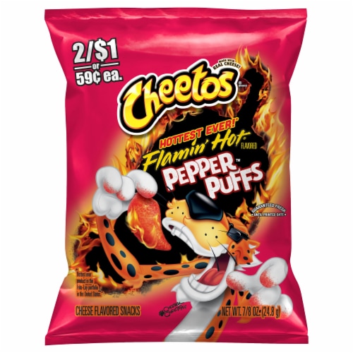 Cheetos Flamin' Hot Pepper Puffs Cheese Snacks Perspective: front