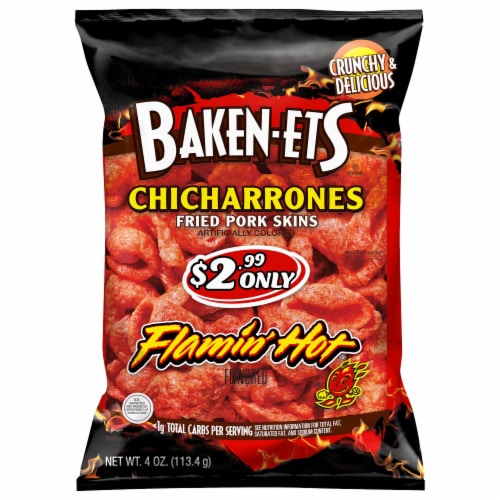 Baken-ets® Flamin' Hot® Flavored Chicharrones Fried Pork Skins Perspective: front
