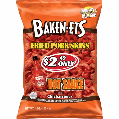 Baken-Ets Hot Sauce Flavored Chicharrones Fried Pork Skins Perspective: front