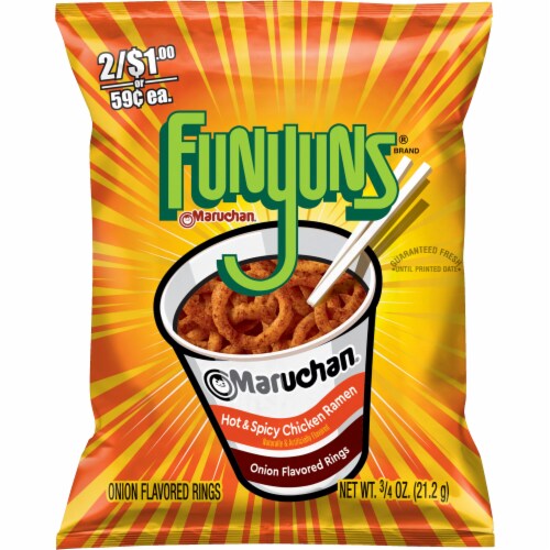 Funyuns® Onion Flavored Rings Hot & Spicy Maruchan® Chicken Ramen Flavor Perspective: front