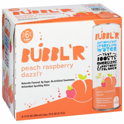 BUBBL'R Peach Raspberry Dazzl'r Antioxidant Sparkling Water Cans Perspective: front