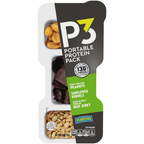 Planters P3 Honey Roasted Peanuts Sunflower Kernels & Teriyaki Beef Jerky Portable Protein Pack Perspective: front