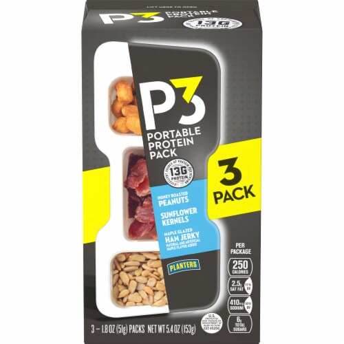 Planters P3 Honey Roasted Peanuts Ham Jerky & Sunflower Kernels Portable Protein Packs Perspective: front