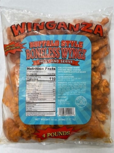 Winganza Frozen Raw Boneless Buffalo Style Chicken Wings Perspective: front