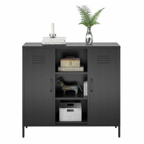 RealRooms Shadwick 2 Door Metal Locker Accent Storage Cabinet with Center Bookcase Black 13.78 x 43.31 x 39.96 Baker s
