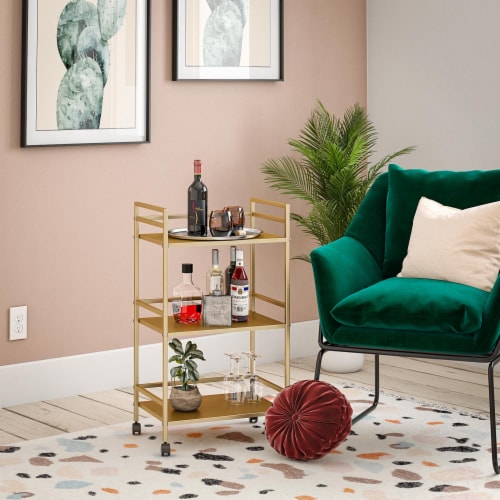 Helix 3 Shelf Metal Rolling Utility Cart, Gold Perspective: front