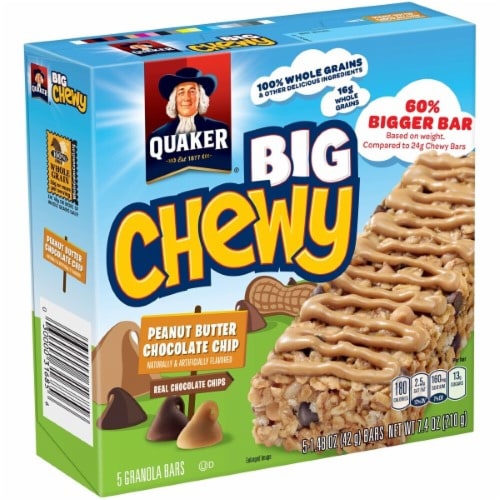Quaker Big Chewy Peanut Butter Chocolate Chip Granola Bar(5-1.48oz)7.4 Ounce 5 Count Box Perspective: front